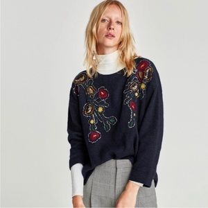 Zara Knit Embroidered Sequin Ribbed Pullover Sweater